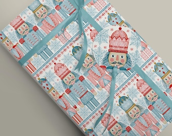 Nutcracker Christmas Pastel Folk Art Gift Wrap, Forest Animals Holiday Wrapping Paper, Festive
