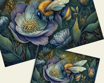 Bee and Hellebore Moonlight Floral Tissue or Rice Paper Decoupage, Junk Journal, Scrapbooking Craft Paper