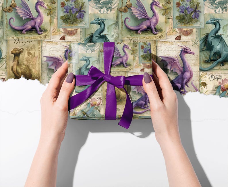 May include: A gift wrapped in paper with a dragon and floral design, tied with a purple ribbon. The paper has a vintage aesthetic with illustrations of dragons, flowers, and butterflies in various colours.
