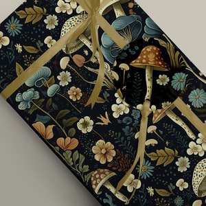 Champignons ou champignons avec fleurs bleues Papier cadeau de luxe, sorcellerie mythologie, papier cadeau cottage 100 g