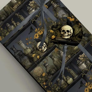 May include: A black and gold patterned wrapping paper with a skull and crossbones design. The paper features a repeating pattern of bottles, flowers, and skulls.