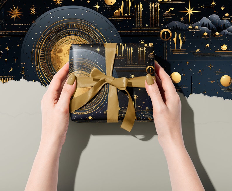 Moon phase and Zodiac Gift Wrapping Paper around a parcel with a Gold Ribbon held in two hands
