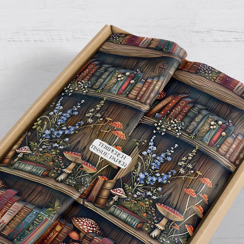 May include: Tissue paper with a fantasy bookshelf design, complete with books, mushrooms, and flowers. The paper is presented in a cardboard box. The text on the paper reads "TEMPERCH TISSUE PAPER".