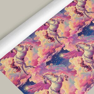 Magical White Flying Unicorn Gift Wrap with Rainbow Clouds and Stars roll