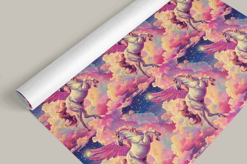Magical White Flying Unicorn Gift Wrap with Rainbow Clouds and Stars roll