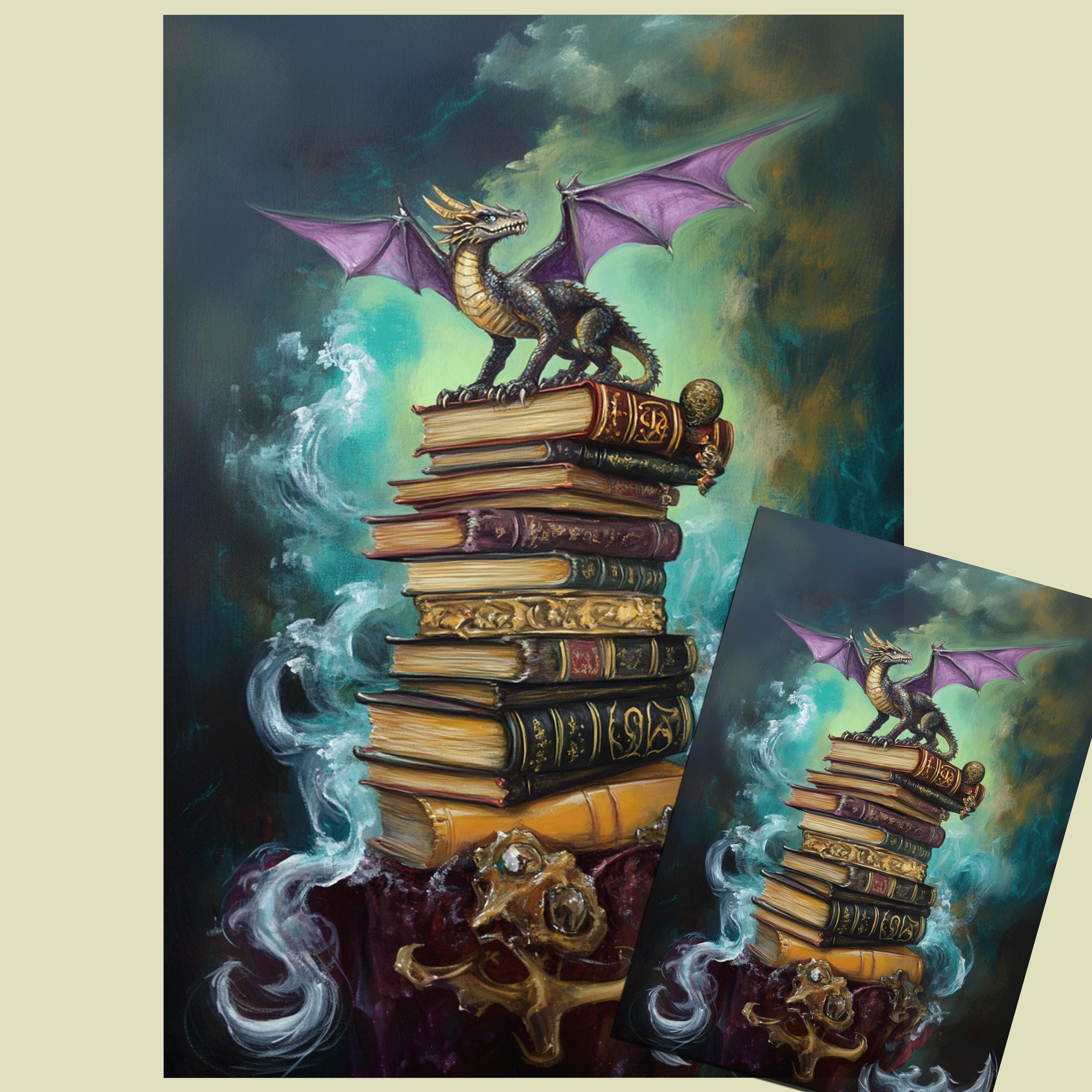 Unique Dragon Décor: Purple Winged Dragon on Stormy Book Stack Fantasy Design Print or Decoupage Tissue Paper for Crafting, A3, A4 or A5