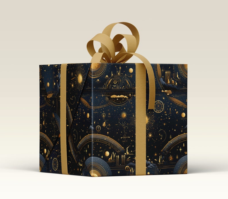 Moon phase and Zodiac Gift Wrapping Paper around a parcel with a Gold Ribbon