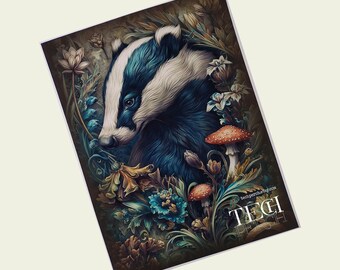 Badger Art Print | Woodland Animal Portrait | Arts & Crafts Inspired Wall Decor | Cottagecore Nature Illustration