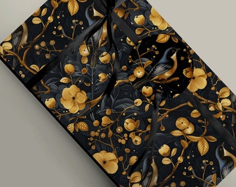 Luxurious Chinoiserie Birds and Flowers Gift Wrap in Black and Gold Gift Wrapping Paper Packaging
