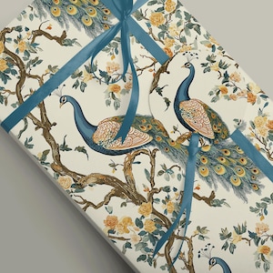 Papier d'emballage cadeau de luxe chinoiseries paon - Emballage élégant Emballage cadeau crème et bleu sarcelle Emballage en feuilles de 100 g