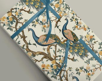Luxury Peacock Chinoiserie Gift Wrap Paper and Tissue - Elegant Packaging Cream and Teal Gift Wrapping Paper Packaging