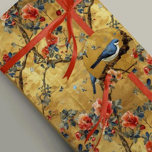 Golden Chinoiserie Inspired Floral Gift Wrap - 100gsm Wrapping Paper and 19gsm Genuine Tissue Paper Craft Decoupage Scrapbook Journaling