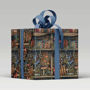 Nature-Inspired Book Display with Mushrooms and Flowers on Wrapping Paper