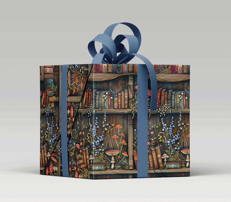 Nature-Inspired Book Display with Mushrooms and Flowers on Wrapping Paper