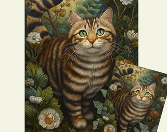 Floral Cat Decoupage Tissue or Rice Paper | Vintage Garden Craft Supply (A3 A4 A5)