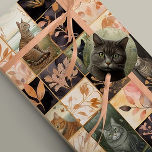 May include: A gift wrap design featuring a collage of cats and botanical illustrations. The design is in shades of brown, black, and white with a peach-coloured ribbon.