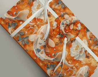 Papel de regalo de inspiración japonesa con peces koi naranjas y peonías blancas - Envoltorio artístico para amantes de los peces koi