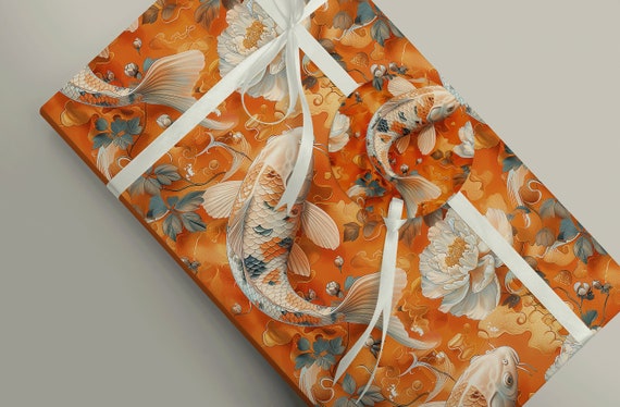 Japanese-inspired Orange Koi Fish and White Peony Wrapping Paper - Artistic Gift Wrap Koi Lover Present 100gsm Sheets