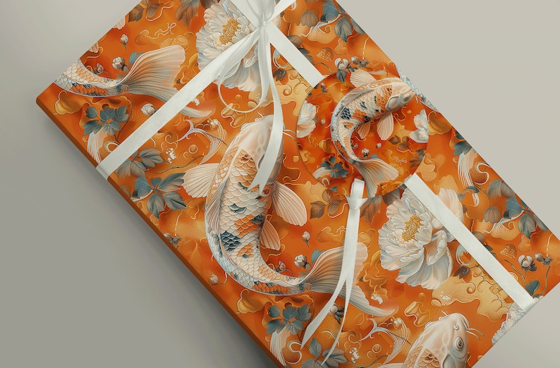 Orange and white koi swimming among peony flowers wrapping paper
