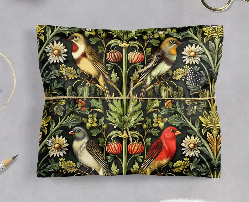 May include: A black and green wrapping paper with a repeating pattern of birds and flowers. The birds are red, yellow, and blue. The flowers are white and pink.