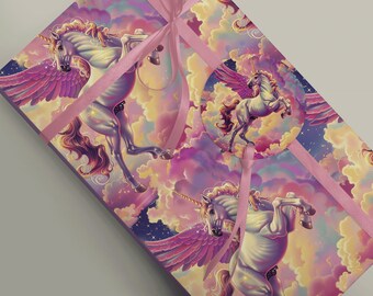 Magical White Flying Unicorn Gift Wrap with Rainbow Clouds and Stars Fantasy Wedding or Birthday Decorative Gift Wrap Paper 100gsm