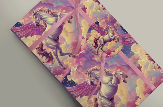 Magical White Flying Unicorn Gift Wrap with Rainbow Clouds and Stars Fantasy Wedding or Birthday Decorative Gift Wrap Paper 100gsm