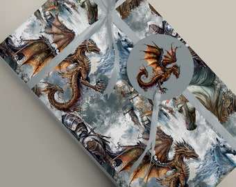 Gothic Dragons, Knights and Horses Wrapping Paper, Mythology Fantasy Wedding or Birthday Gift Wrap for him or her Paper 100gsm