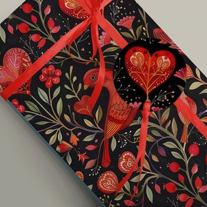 Papier cadeau coeur et oiseau rouge bohème chic, Je t'aime - Emballage cadeau pour les amoureux de la Saint-Valentin, papier cadeau 100 g