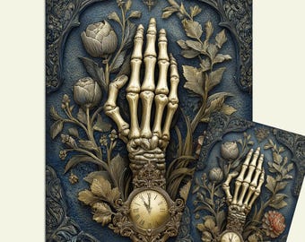 Gothic Skeleton Hand with Clock & Floral Design Decoupage Paper | Dark Academia Craft