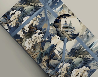 Elegant Oriental Blue and Grey Chinoiserie Wrapping Paper for Luxurious Gift Packaging 100gsm Sheets