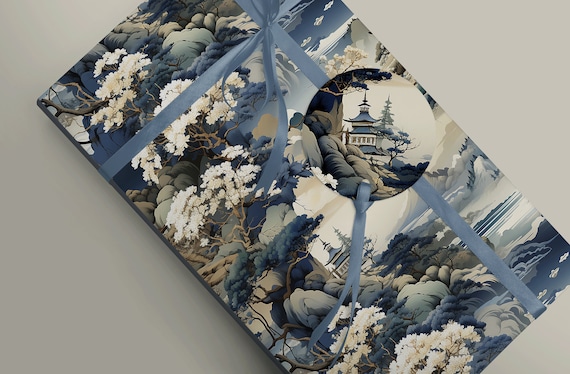 Elegant Oriental Blue and Grey Chinoiserie Wrapping Paper for Luxurious Gift Packaging 100gsm Sheets