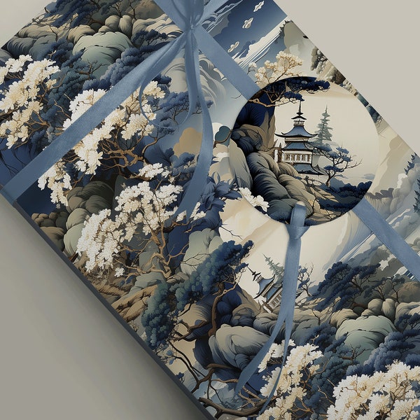 Elegant Oriental Blue and Grey Chinoiserie Wrapping Paper for Luxurious Gift Packaging 100gsm Sheets