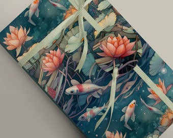 Papel de regalo de lujo con diseño de estanque de nenúfares y peces koi para el Día del Padre, decoración de jardín, bodas o cumpleaños.