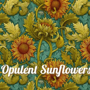 Puede incluir: Un patr&oacute;n floral detallado con girasoles y follaje en tonos de amarillo, naranja y verde sobre un fondo turquesa. El texto "Opulent Sunflowers" est&aacute; superpuesto al dise&ntilde;o.