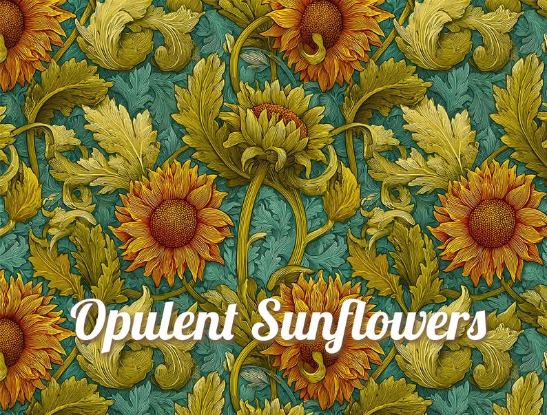 Puede incluir: Un patr&oacute;n floral detallado con girasoles y follaje en tonos de amarillo, naranja y verde sobre un fondo turquesa. El texto "Opulent Sunflowers" est&aacute; superpuesto al dise&ntilde;o.