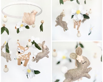 Girl Baby Mobile with Bunny, Baby Animals mobile, Wildflower Nursery, Mobile with Peonies, Mobile with Magnolia Flowers