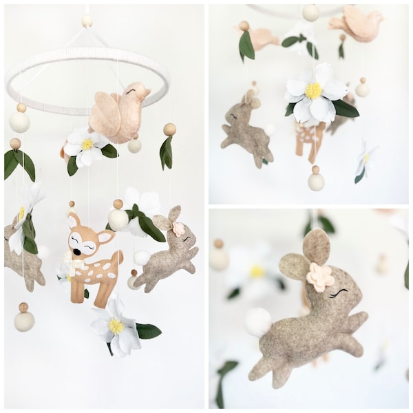 Girl Baby Mobile with Bunny, Baby Animals mobile, Wildflower Nursery, Mobile with Peonies, Mobile with Magnolia Flowers