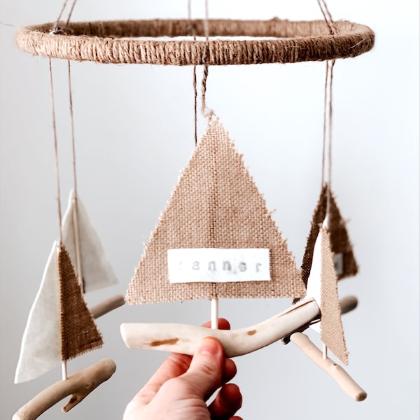 Weathered, driftwood sailboat mobile, baby boy nursery decor, baby boy mobile, nautical nursery, blue nursery baby mobile