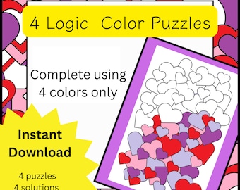 Four Valentine's Logic Color Puzzles to challenge the brain, suitable for tweens, teens and adults -instant pdf download