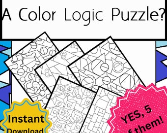 Five Logic Color Puzzles to challenge the brain, suitable for tweens, teens and adults -instant pdf download