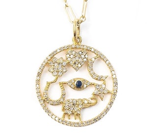 14k Yellow Gold, Diamond, & Sapphire Lucky Symbol Necklace | Good Luck Pendant Necklace | Evil Eye Necklace | Four Leaf Clover Necklace