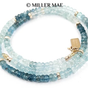 14k Gold Aquamarine Necklace | Blue Ombre Aquamarine Necklace | 14k Gold Beaded Necklace | AAA Aquamarine Beaded Necklace