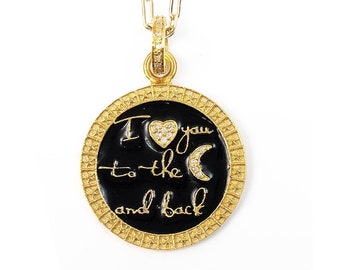 Enamel Heart Pendant Necklace | Diamond Moon Pendant Necklace | I love you to the moon and back Pendant Necklace | Enamel Coin Necklace