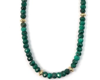 Green Malachite Strand Necklace | Emerald Green Gemstone Necklace | Long Beaded Gemstone Strand Necklace | Gold Vermeil Necklace