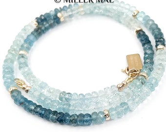 14k Gold Aquamarine Necklace | Blue Ombre Aquamarine Necklace | 14k Gold Beaded Necklace | AAA Aquamarine Beaded Necklace