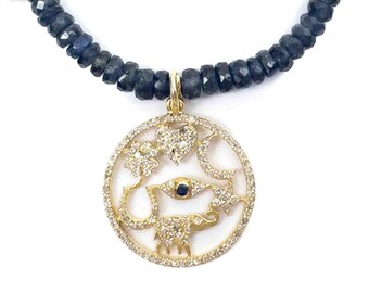 14k Diamond Sapphire Lucky Coin Pendant Necklace | Good Luck Necklace | Blue Sapphire Beaded Necklace | Evil Eye Pendant Necklace