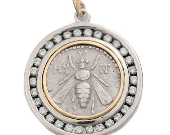 ARTEMIS BEE (172-110 B.C.) Ancient Greek Coin Pendant Necklace | 14k Gold Diamond Real Ancient Greece Coin Necklace |Gold Greek Coin Pendant