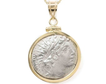 ANTIOCHUS VI DIONYSUS (144-142 B.C.) Ancient Roman Coin Pendant Necklace | 14k Gold Real Ancient Greek Coin Necklace | Silver Drachm Coin