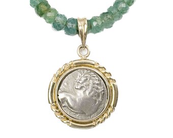 CHERRONESOS LION (386-338 B.C.) Ancient Greek Coin Pendant Necklace | 14k Gold Real Coin Necklace | Natural Zambian Emerald Coin Necklace