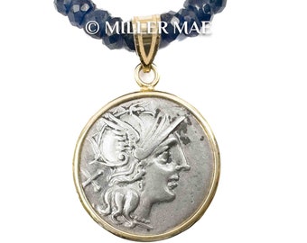 14k Real Ancient Roma (154 B.C.) Coin Pendant Necklace | Natural Sapphire Roman Necklace | Blue Gemstone Beaded Necklace | Fine Jewelry